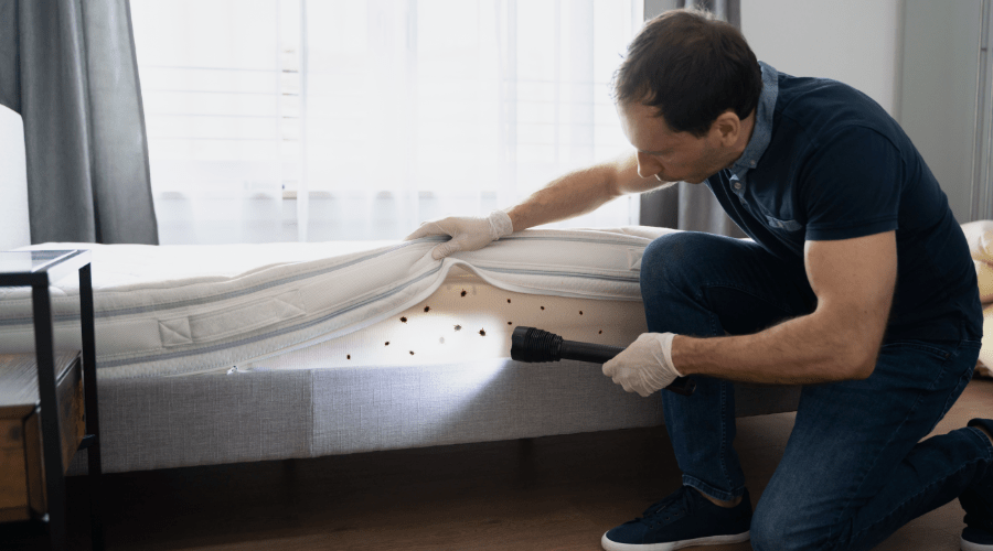 A person wearing gloves is using a flashlight to inspect the underside of a mattress in a bedroom to prevent bed bugs during travel. The mattress is lifted slightly, exposing a few small dark spots. The room has light-colored curtains and a side table.