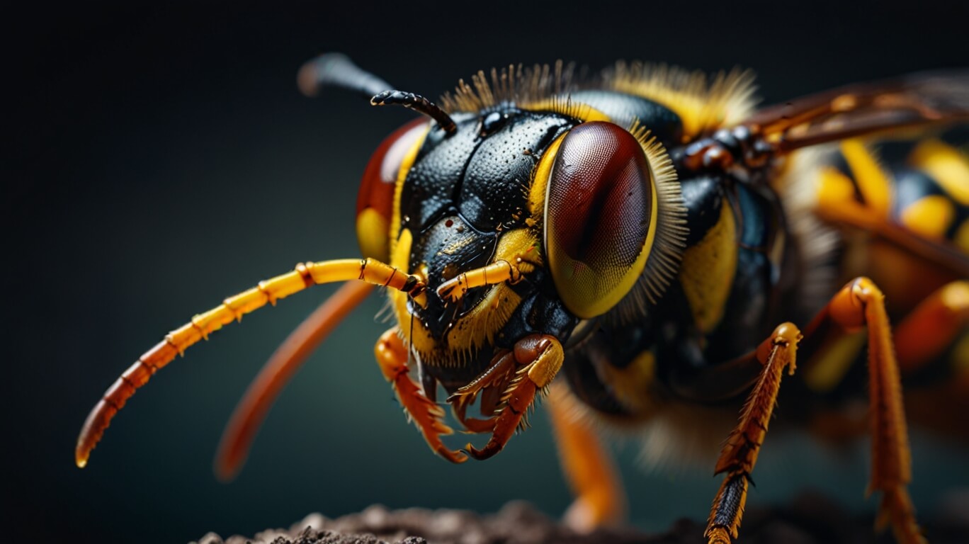 Close-up of a wasp's head revealing intricate details. This striking image showcases the wasp’s compound eyes, antennae, and mandibles, with a sharp focus on its textured exoskeleton. Tips for capturing such vivid colors include using a softly blurred background for contrast.