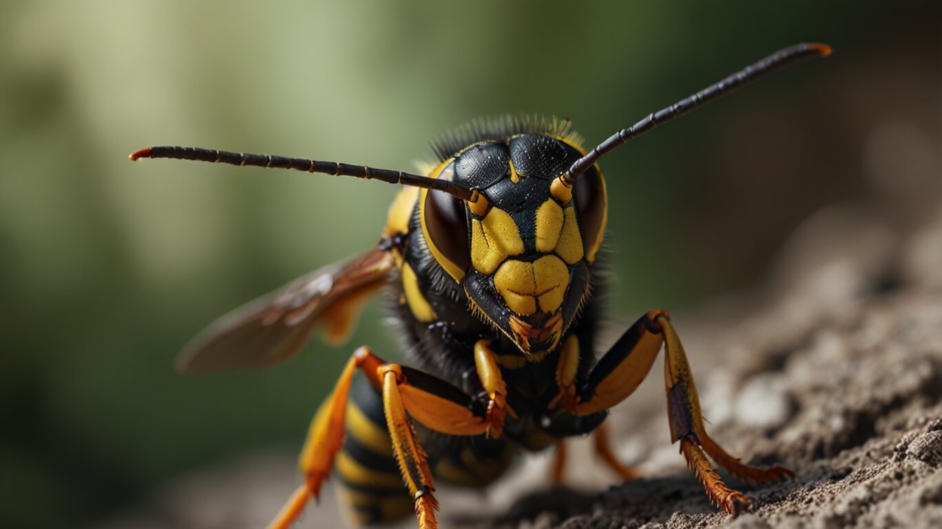 Close-up image of a wasp perched on a textured surface. The wasp's black and yellow striped body and detailed wings are visible against a blurred green background, offering natural insight into effective wasp control in San Diego gardens.