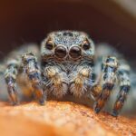 Close-up of a small jumping spider, showcasing its prominent eyes and fuzzy legs as it sits on a textured orange-brown surface. This habitat accentuates the intricate details of the spider's body and hairs against a blurred background.