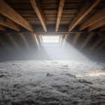 Sunlight streams through a rectangular skylight in a wooden attic, illuminating thick white insulation spread across the floor beneath exposed beams. Dust particles and the occasional bugs in attic insulation are visible in the light.
