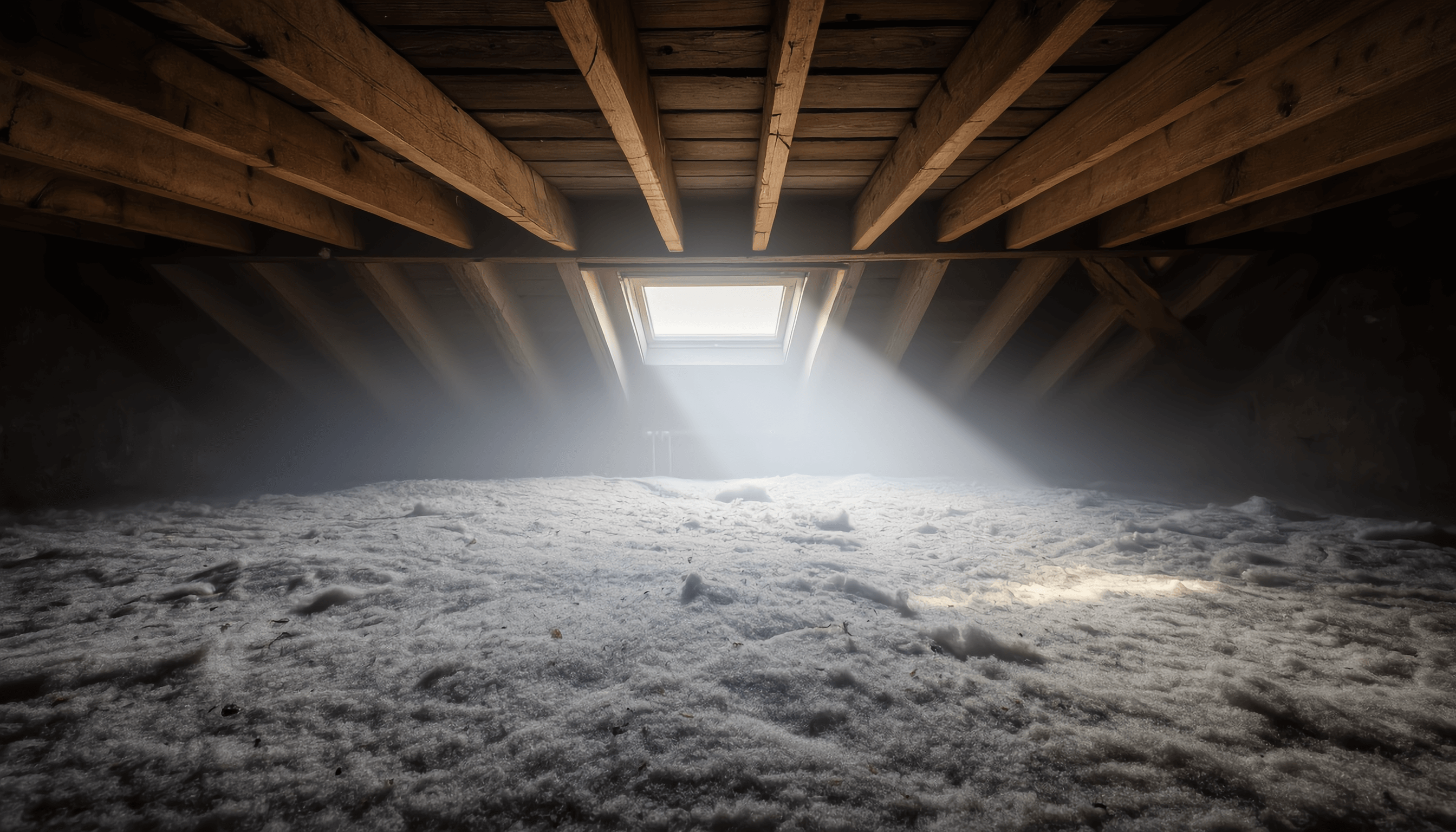 Sunlight streams through a rectangular skylight in a wooden attic, illuminating thick white insulation spread across the floor beneath exposed beams. Dust particles and the occasional bugs in attic insulation are visible in the light.