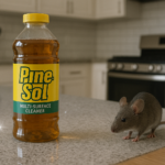 A bottle of Pine Sol multi-surface cleaner sits on a kitchen countertop next to a small gray mouse, showing that Pine Sol does not attract mice. The background features a stove and white cabinets.